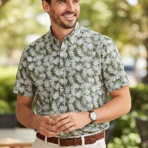 J. Crew White Leaf On green Men Flex Slim Short Sleeve Shirt